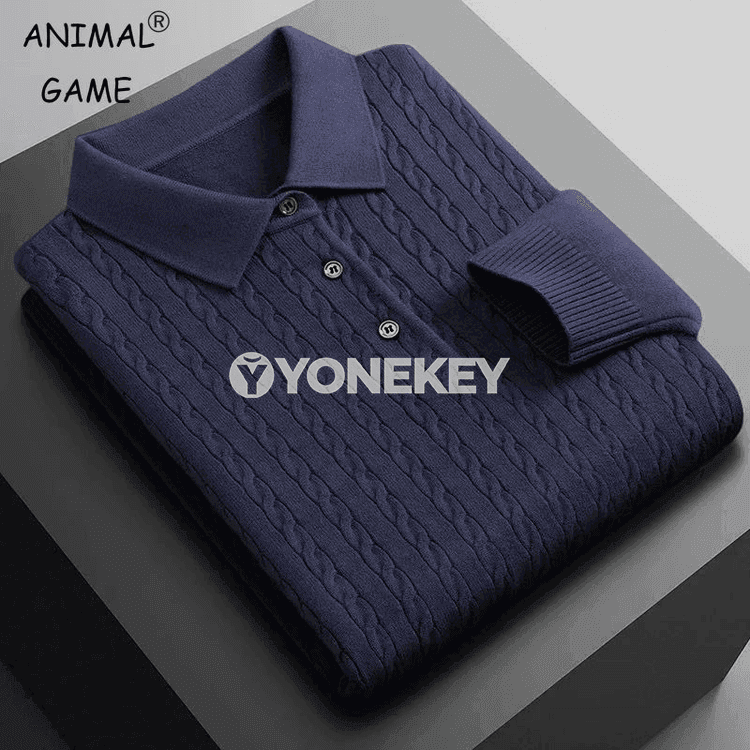 Erkekler üçin ýyly triko polo switer, düwmejikli boýunly