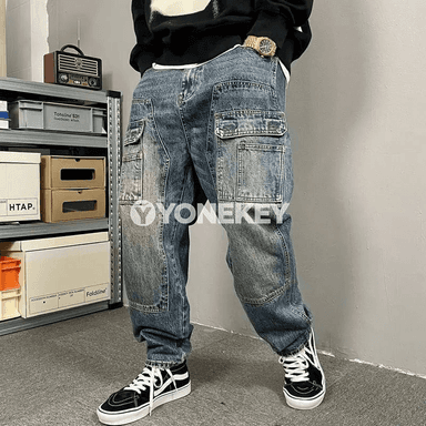Erkekler üçin giň kelleli retro jeans, göni kesim, şäher stili