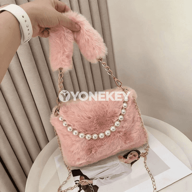 Merjenli towşan kürkli zenan egin sumkasy, zynjyrly kiçi crossbody