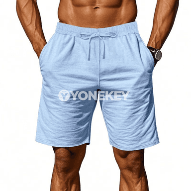 Erkekler üçin ýeňil tomus şorty, pambyk-lyýnli sport modeli