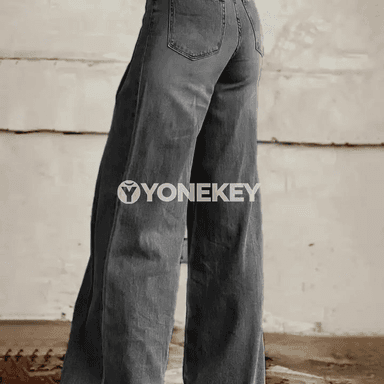 Zenanlar üçin giň balakly denim jeans, ýokary bil, elastik, rahat
