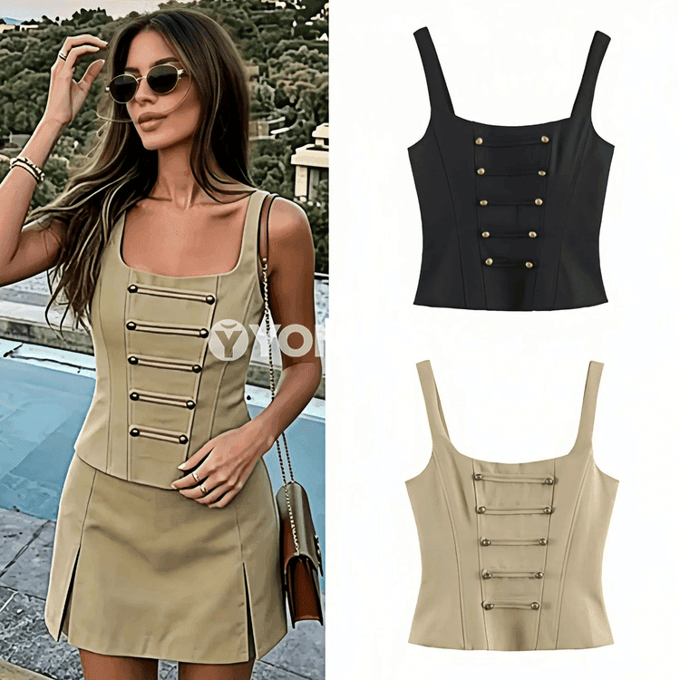 Aýal-gyzlar üçin Y2K duble-breasted korset top, ýeňsiz