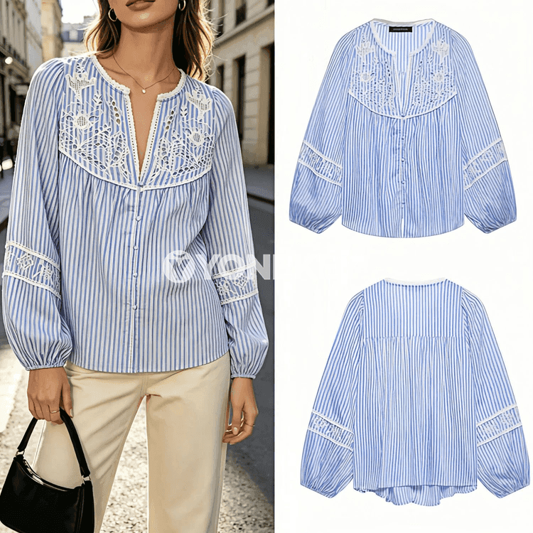 Aýal-gyzlar üçin giň kesimli zolakly nagyşly ýazky köýnek-bluza