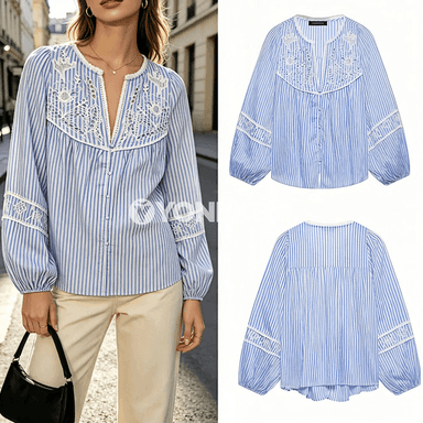 Aýal-gyzlar üçin giň kesimli zolakly nagyşly ýazky köýnek-bluza