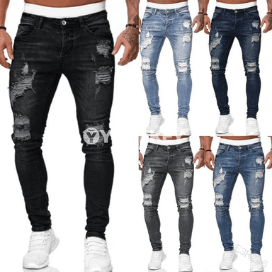 Erkek jeansleri — ýyrtykly, dar kesimli, gündelik stil