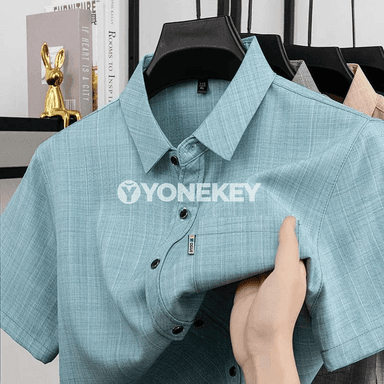 Erkekler üçin ýeňil plaid polo köýnek, tomuslyk dem alýan model