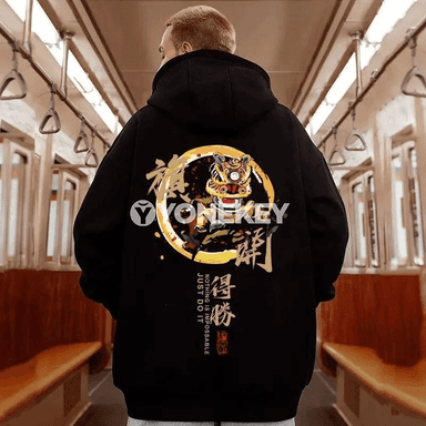Erkekler üçin kapşonly oversized pulower, ýolbars tans çaply