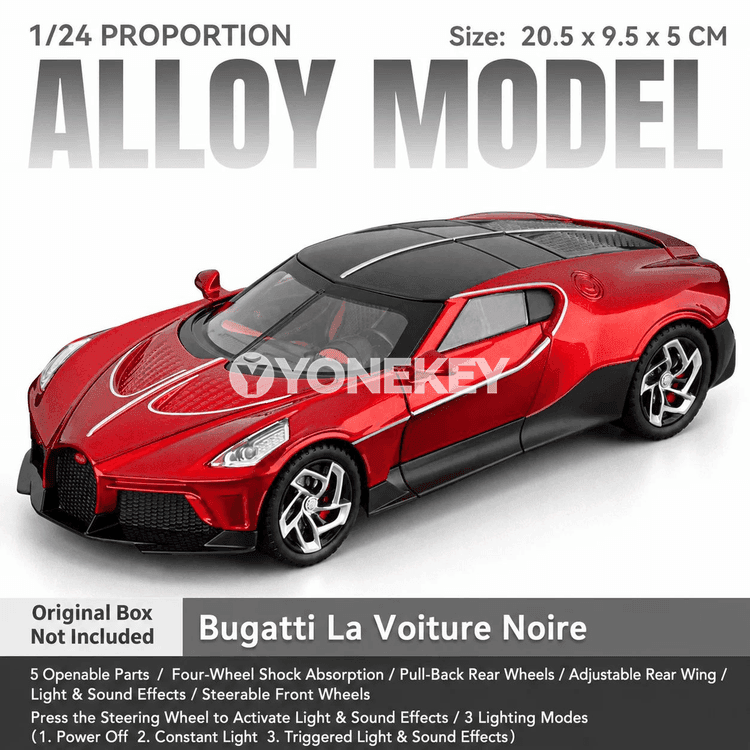 Bugatti La Voiture Noire 1:24 sesli-ýagty metal oýun awtoulagy