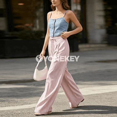 Zenanlar üçin giň balakly zolakly tomus pantalonlary