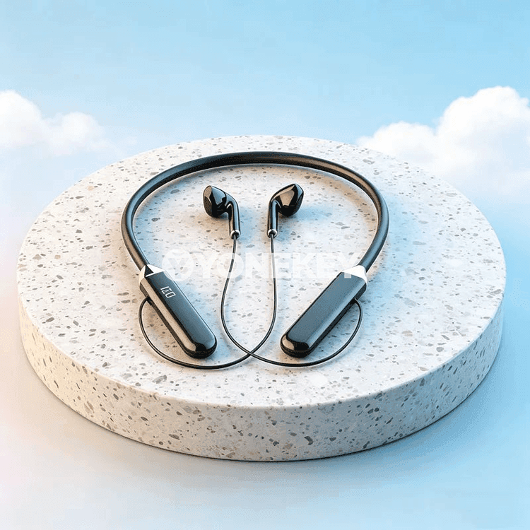 Neckband TWS simsiz Bluetooth nauşnikler, sport üçin, mikrofonly