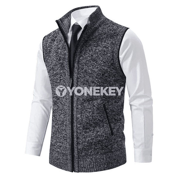 Erkekler üçin örülen ýeňsiz ýyly köýnekçe, fermuarly, goýy boýunly