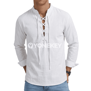 Erkekler üçin uzyn ýeňli tomus köýnegi, V-ýaka, ýeňil
