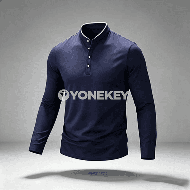 Erkekler üçin mandarin ýakalakly uzyn ýeňli polo köýnek, düwmejikli, gündelik stil