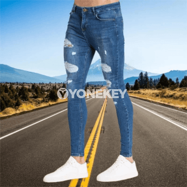 Erkekler üçin elastik billi dar jeans, döwükli trend balak