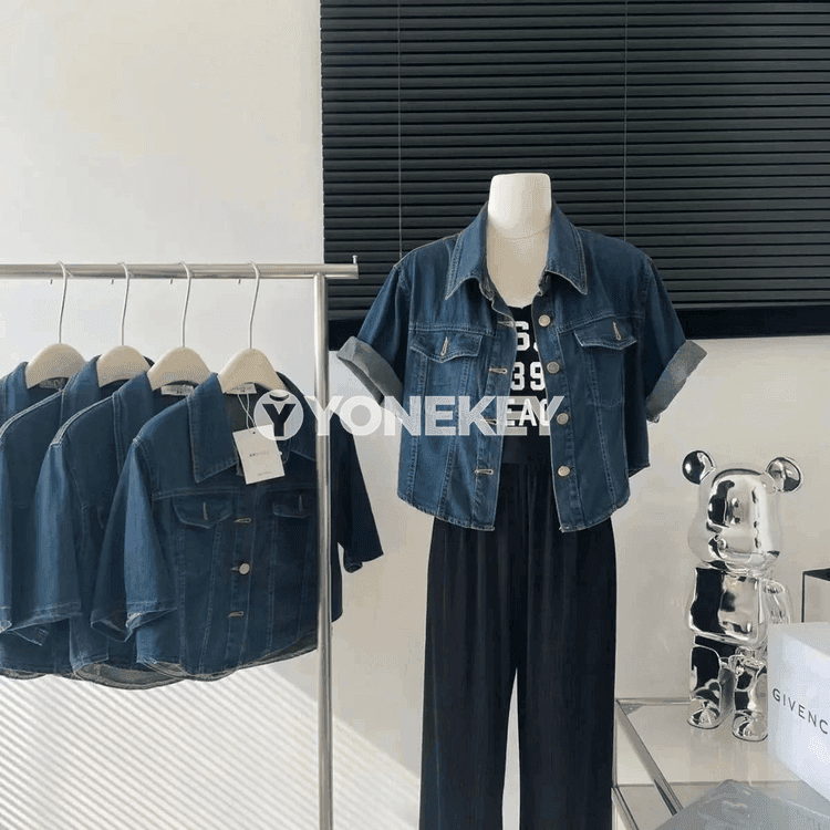 Zenanlar üçin denim köýnek-jaket, ýeňli ýeňil ýaz-tomus modeli