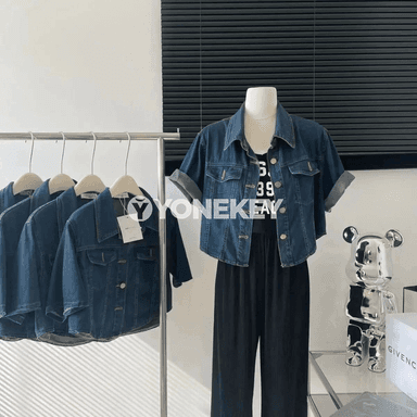 Zenanlar üçin denim köýnek-jaket, ýeňli ýeňil ýaz-tomus modeli