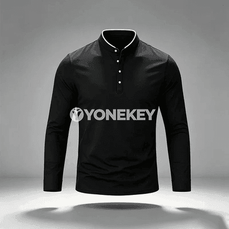 Erkekler üçin mandarin ýakalakly uzyn ýeňli polo köýnek, düwmejikli, gündelik stil