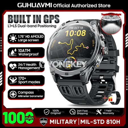1000mAh bataryaly, 1.75 dýum AMOLED GPS sport akylly sagat, 10ATM