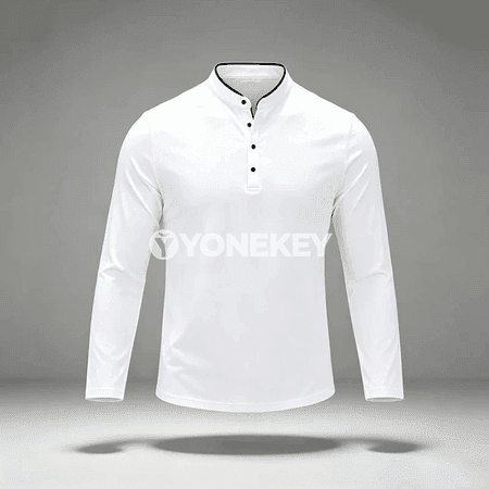 Erkekler üçin mandarin ýakalakly uzyn ýeňli polo köýnek, düwmejikli, gündelik stil