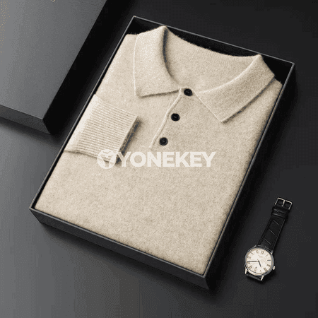 Erkekler üçin ýyly örme switer — düwmeli, boýunly, güýz-gyş modeli