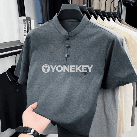 Erkekler üçin mandarin boýunly gysga ýeňli köýnek, düwmejikli