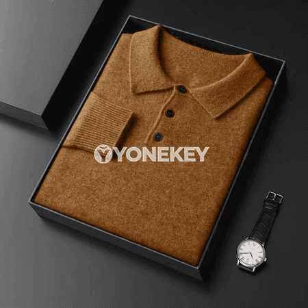 Erkekler üçin ýyly örme switer — düwmeli, boýunly, güýz-gyş modeli
