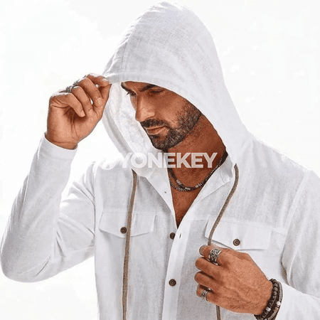 Erkekler üçin ýeňil linon kapşonly casual köýnek