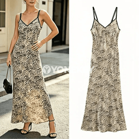 Leopard görnüşli halter boýunly midi köýnek, ýeňsiz