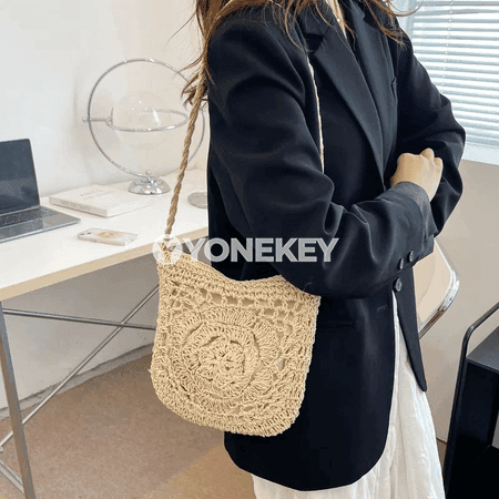 Aýal-gyzlar üçin örülen samana egin sumkasy, boho stil