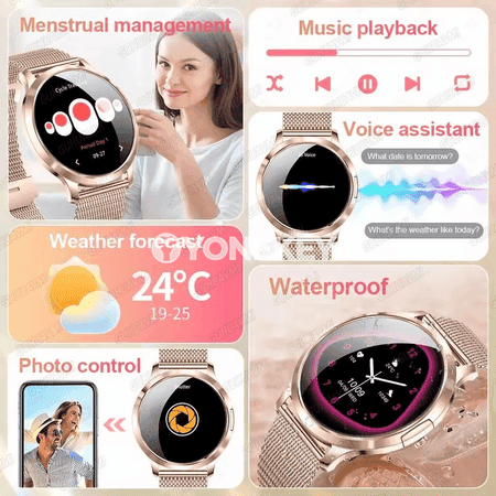 Aýal-gyzlar üçin AMOLED akylly sagat, Bluetooth jaňly, suw geçirmeýän