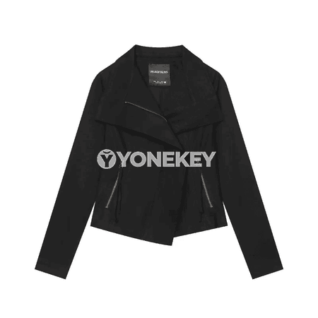 Zenanlar üçin gysga slim moto kurtka, asimmetrik ziply