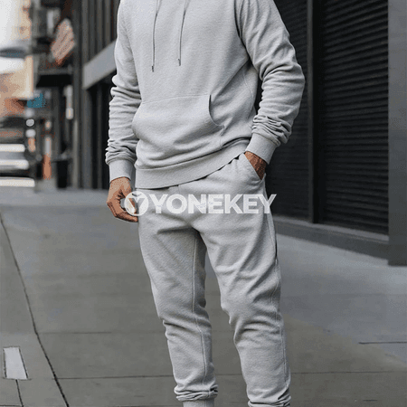 Erkekler üçin ýyly fleece kapýuşonly sport kostýumy, elastik bil