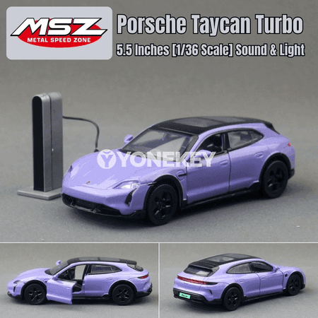 Porsche Taycan Turbo S 1:36 metal awtoulag modeli, sesli we ýagtyly