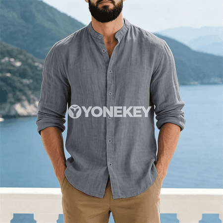 Erkekler üçin ýeňil, dem alýan kottonly-zygyr uzyn ýeňli köýnek