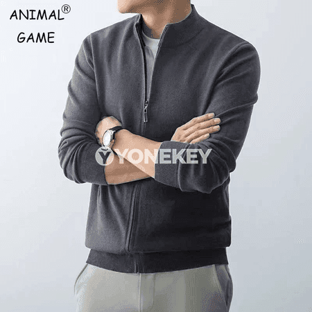 Erkekler üçin ýyly zipli kardigan, slim fit trikotaž switer