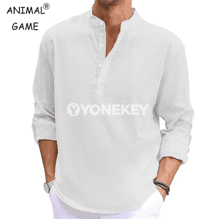 Erkekler üçin ýeňil uzyn ýeňli Henli köýnek, rahat stil