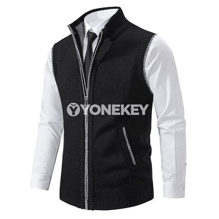 Erkekler üçin örülen ýeňsiz ýyly köýnekçe, fermuarly, goýy boýunly