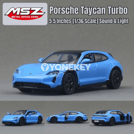 Porsche Taycan Turbo S 1:36 metal awtoulag modeli, sesli we ýagtyly