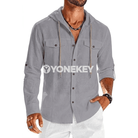 Erkekler üçin ýeňil linon kapşonly casual köýnek