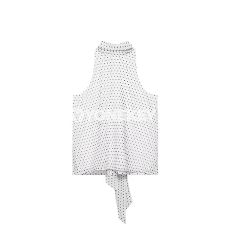 Zenanlar üçin nokatly nagyşly ýeňsiz chiffon bluzka, ýönekeý stil