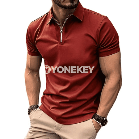 Erkekler üçin ýeňil gysga ýeňli polo futbolka, fermuarly, tomuslyk