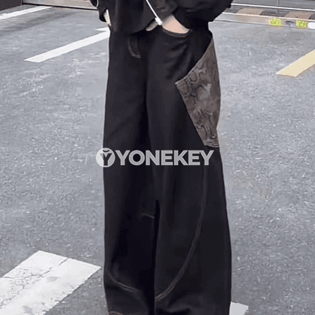 Erkekler üçin giň balakly patchwork jinsy, gündelik streetwear stil