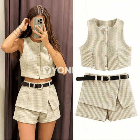 Zenanlar üçin ýeňsiz bellemeli 2 bölek kostýum-toply set