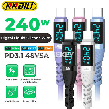 NNBILI 240W USB-C to Type-C çalt zarýad kabeli, displeýli