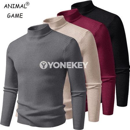Erkekler üçin ýokary ýakaly polos switer, ýyly örme, göni kesim