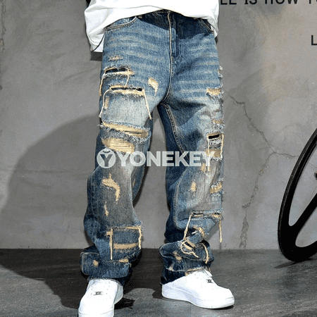 Erkek baggy zäher jeans, göni kesimli, şäher stilindäki balak