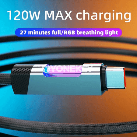 NNBILI RGB LED USB-C to USB-C çalt zarýad kabeli, 120W