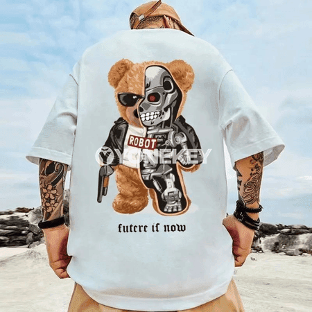 Erkekler üçin vintage aýy şekilli çaply giň futbolka, M-8XL