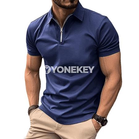 Erkekler üçin ýeňil gysga ýeňli polo futbolka, fermuarly, tomuslyk