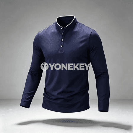 Erkekler üçin mandarin ýakalakly uzyn ýeňli polo köýnek, düwmejikli, gündelik stil
